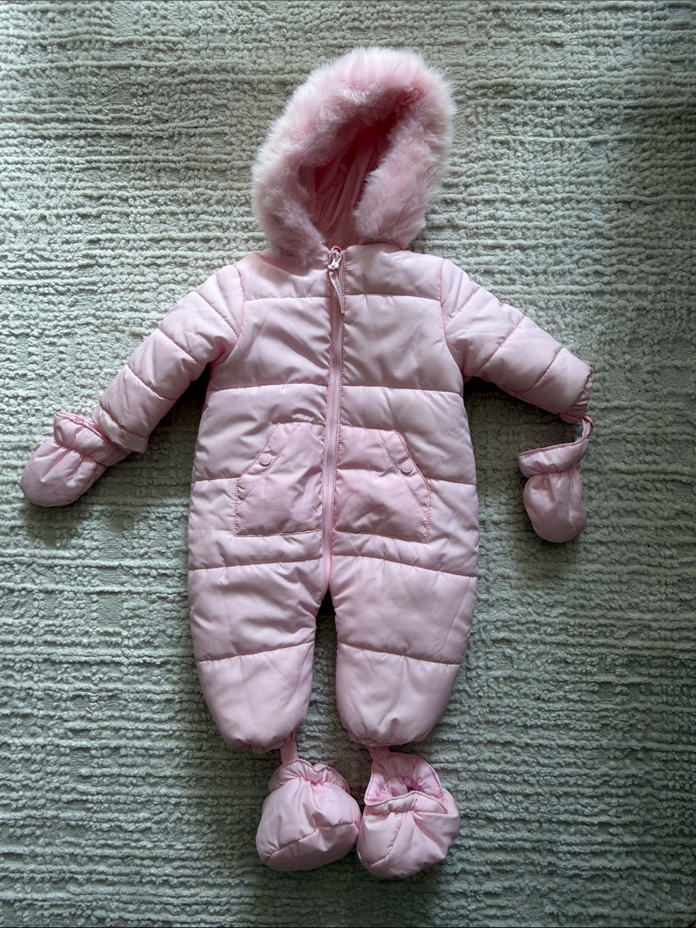 Cozy Pink Fur-Trim Hooded Baby One-Piece Snowsuit 6 months